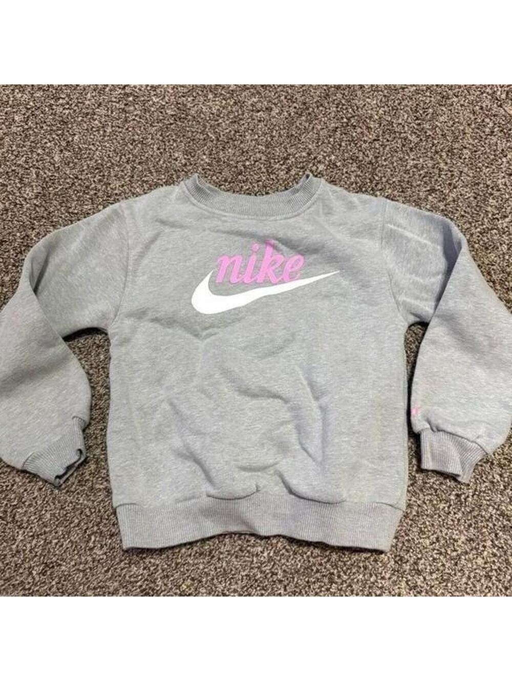 Gray Nike kids sweatshirt with pink and white logo, size 6, 5-6 years
